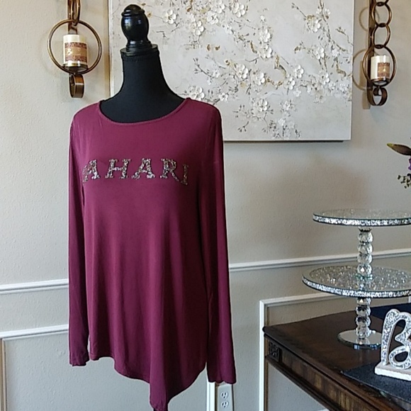 Burgundy Asymmetrical Long Sleeves Embellished Top By Tahari. Size L - Picture 6 of 17